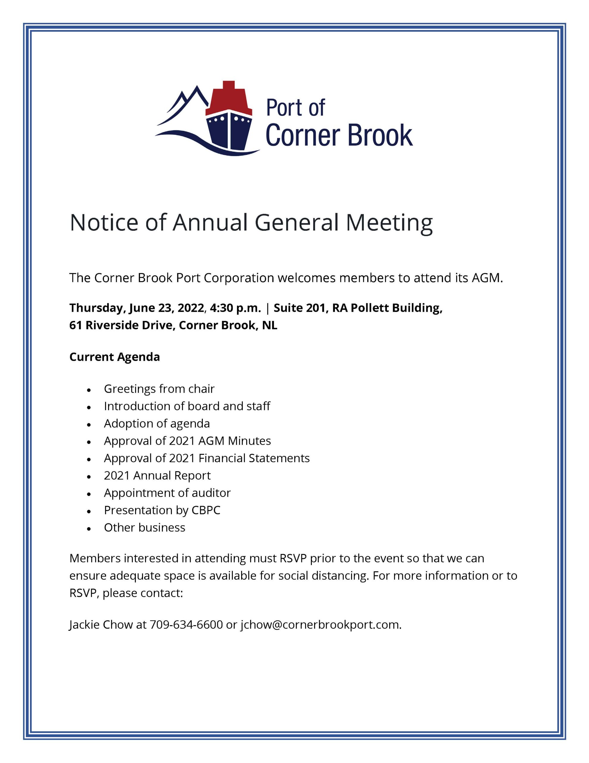 Notice of Annual General Meeting Corner Brook Port